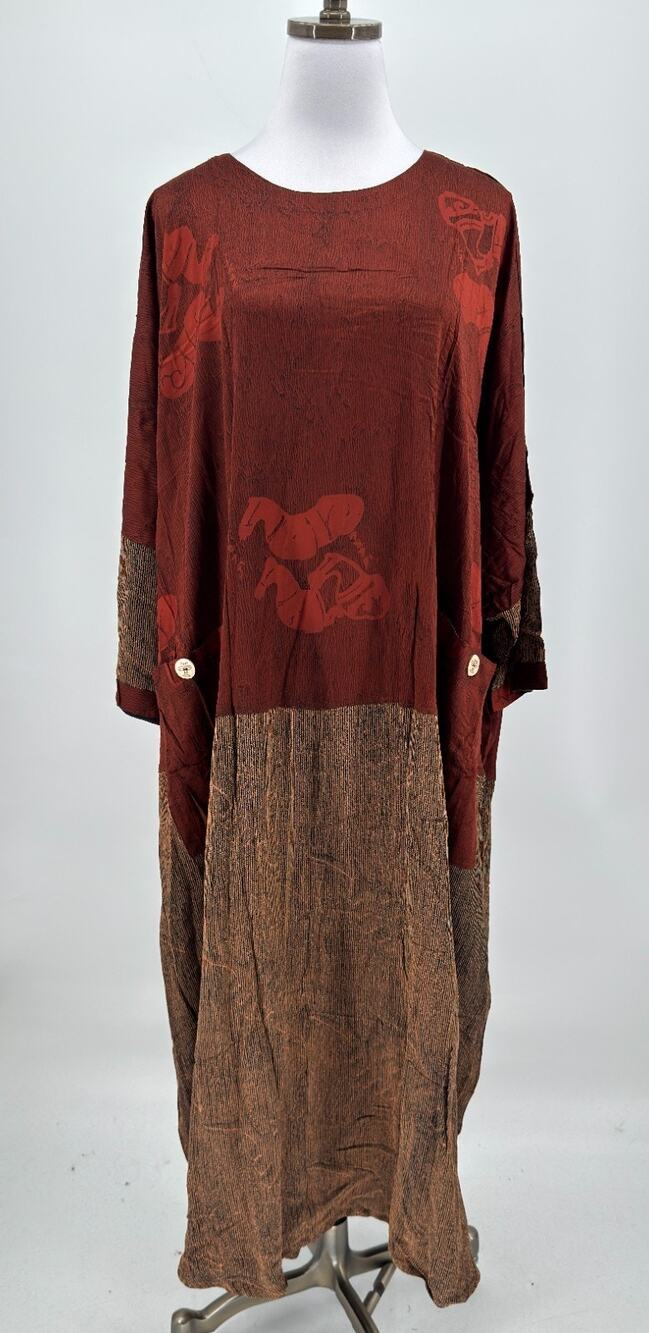 Kusnadi Art to Wear Bohemian Red Brown Colorblock Lagenlook Kaftan Dress NEW